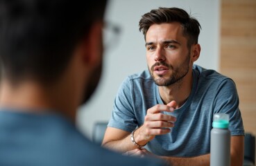Fototapeta premium Man in casual conversation during a meeting in a bright modern office today