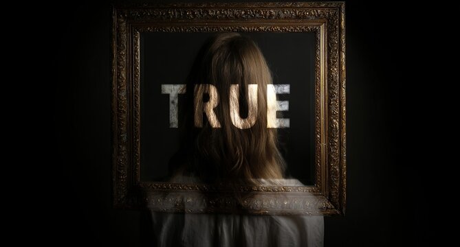 Truthful Gaze: An artistic composition centered on a person framed, with TRUE emblazoned across the frame, sparking reflection on authenticity and the essence of reality.