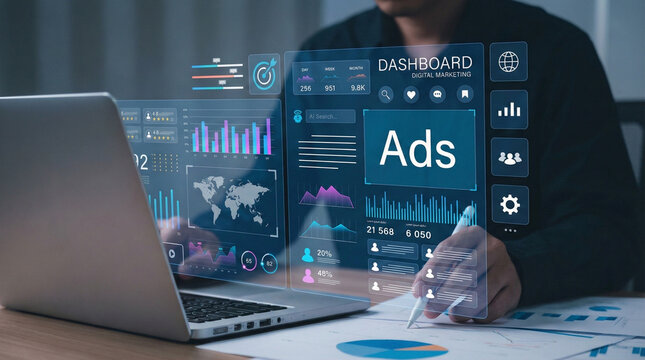 Digital advertising and marketing analytics concept. professional analyzes ad performance dashboard, showcasing customer engagement insights, social media strategy, audience targeting, ROI measurement - Powered by Adobe