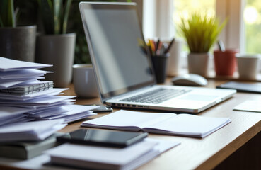 Desk workspace with laptop, notebooks, and phone on a sunlit wooden desk