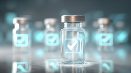 Glass vials with checkmark symbols on a reflective surface in a soft light setting inside a laboratory environment