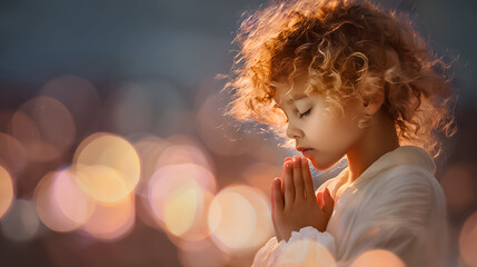 Fototapeta premium Child prays with hands together during evening light in a quiet setting with soft backgrounds