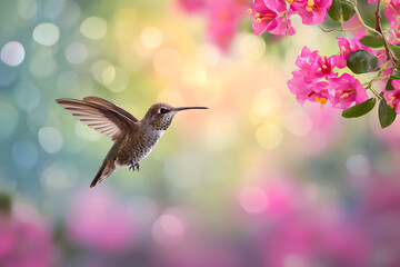 Obraz premium Hummingbird feeding near pink flowers in a colorful garden during daylight hours