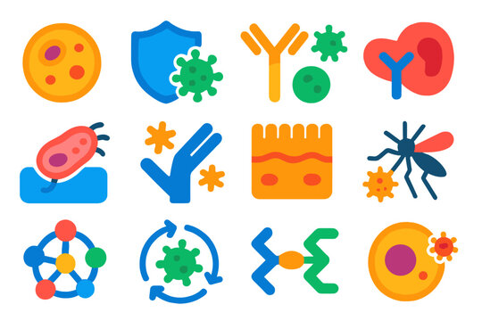Host-Parasite Interaction Icons. Flat vector icons of host-parasite interactions: infected cell, immune response, antibody,