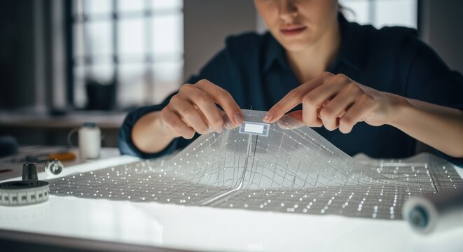 Seamstress handling smart textile fabric woven with embedded sensors designed for physiological signal monitoring.
