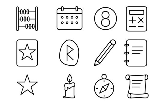 Numerology Tools Icons. Line style icons of Numerological Tools: Abacus, Calendar, Mystic Number, Calculation; Tarot Card, Rune