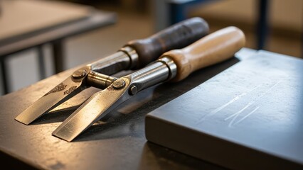 Two burnishers with wooden handles lay on a metal surface with another table faintly visible in the blurred background