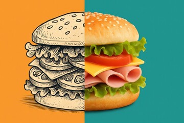 A Creative Fusion of Hand-Drawn and Realistic Burger Designs Highlighting the Artistry and Indulgence in Fast Food Culture