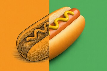 A Creative Contrast of a Classic Hot Dog: Exploring the Visual Journey from Sketch to Reality with Vibrant Colors and Delicious Details