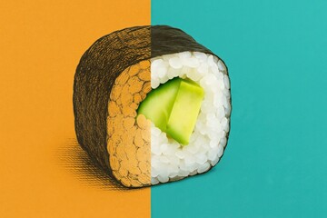 Vibrant Sushi Roll Featuring Avocado with Artistic Half Illustration and Colorful Backgrounds for Culinary Inspiration