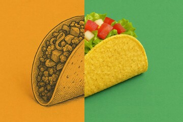 A Vibrant Taco Illustration Split Between Artistic Rendering and Realistic Representation Showcasing Delicious Ingredients and Colorful Presentations
