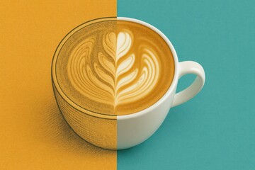 A Unique Perspective on Coffee Art: Half Real, Half Sketch, Capturing the Beauty of Latte Design in a Split Color Presentation