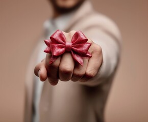 Male hand with a red gift bow pointing the finger toward the viewer, symbolizing offering, invitation, surprise, love, and celebration in a minimal studio setting with shallow depth of field.