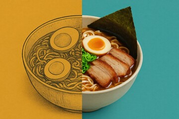A Creative Contrast of Ramen: Hand-Drawn Sketch Meets Vibrant Realistic Bowl Featuring Egg, Pork, Noodle, and Seaweed