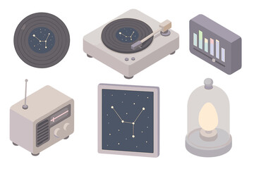 Fototapeta premium Stellar Audio Isometric. Isometric vector illustration set of Stellar Audio Studio: vinyl record with constellation label,