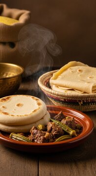 Classic Chadian Millet Flatbread with Stew &ndash; Kisra with Beef and Okra in Ceramic Dish and Basket, Millet Sack & Brass Bowl Styling