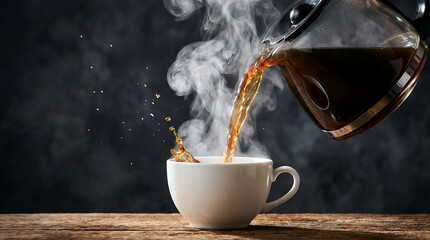 Fototapeta premium Pouring Hot Black Coffee into Cup with Rising Steam