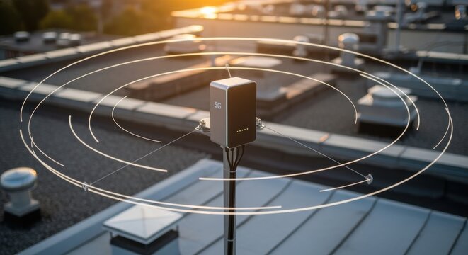Drone shot circling around a 5G microcell antenna rigged on a rooftop highlighting its compact size and sleek design.