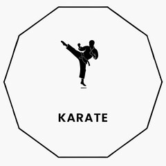 Karate Icon: A minimalist icon with the word KARATE at the bottom illustrates a karate fighter, mid-kick, set within an octagon shape