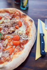 wooden oven pizza on a wooden table