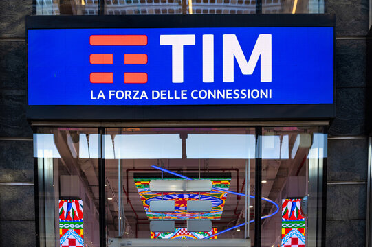 Milan, Italy - November 9, 2025: TIM (Telecom Italia) is a telecommunications company, offering a wide range of  services including fixed-line, mobile, data, internet, and cloud solutions