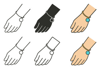 Set of six hand icons each with a bracelet and round charm.
