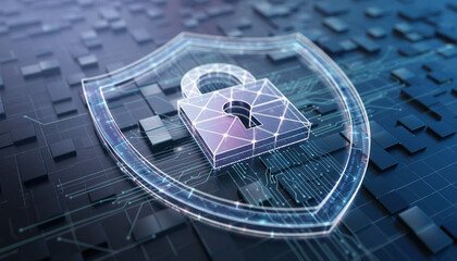 Digital Security Shield: A glowing digital shield, emblazoned with a secure padlock, symbolizing robust protection against threats in the digital realm.