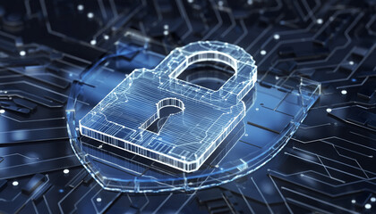 Secure Digital Shield: A digital rendering of a padlock superimposed over a circuit board and a shield, symbolizing data protection and cybersecurity.