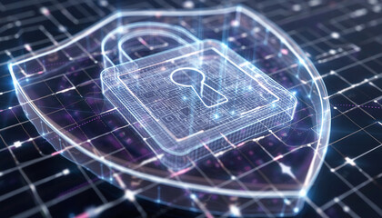 Digital Fortress: A glowing shield, overlaid with a padlock icon, forms a fortress around crucial information, representing the importance of security in the digital age.