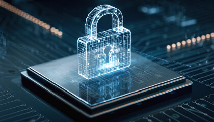 Cybersecurity Symbol: A captivating digital depiction of a padlock illuminated, resting on a central processing unit (CPU), symbolizing the essence of digital security and data protection.