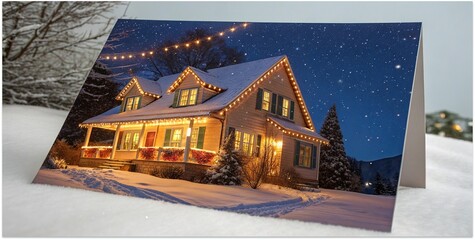Christmas greeting card in snowy yard near cozy house with festive lights winter evening.