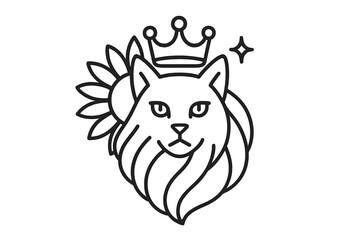 Obraz premium Feline Flower Crown. Line style vector icons of feline bloom coronet: alert feline figure, flowing mane sweep, bright bloom disk,