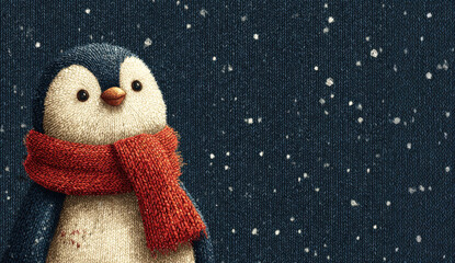 Knitted penguin with red scarf stands against snowy dark blue textile background..Perfect for cozy holiday ads, winter greeting cards, or festive product packaging.