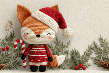 Smiling crochet fox in Santa hat and striped sweater holds candy cane among pine branches..Perfect for Christmas product promotions, kids' holiday cards, or festive retail displays.