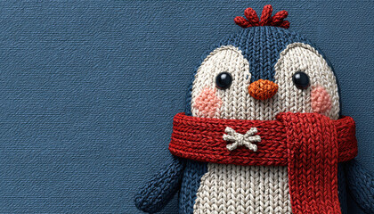 Knitted penguin with red scarf and blush cheeks against a textured blue background..Perfect for holiday packaging, winter campaigns, or cozy craft product promotions.