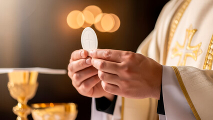Priest's hands holding the holy communion with a cross during a mass