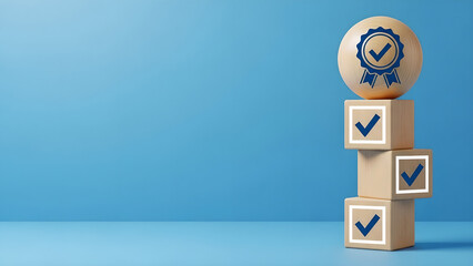 Quality Checkmark Verification Wooden Blocks Blue Background Copy Space