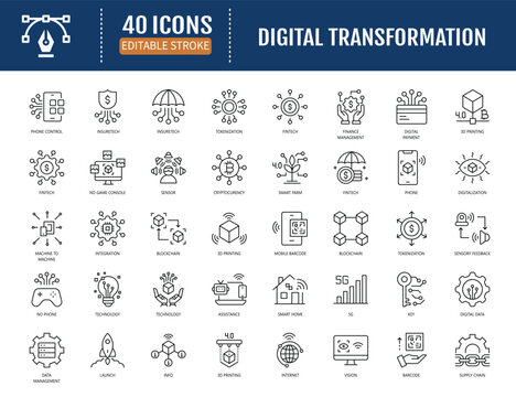 Digital Transformation icon set. Includes
digitalization, digital services, internet, cloud
computing, technology, and more. Vector
illustration with editable strokes