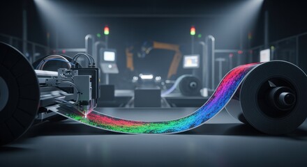 Quantumdot display manufacturing showcasing continuous inkjet printing on rolltoroll flexible electronic panels with vibrant color accuracy.