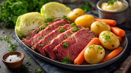 Sliced corn ​​horned beef served with vegetables,  cabbage, potatoes and carrots, a traditional Irish recipe for St. Patrick's Day of Ireland, 