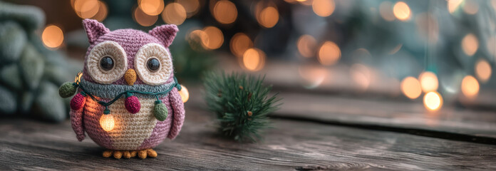 Crocheted pink owl wrapped in colorful holiday lights sits on rustic wood with bokeh lights..Perfect for cozy Christmas marketing, DIY craft features, or festive toy promotions.