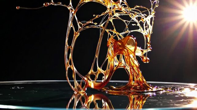 The golden liquid splashes dramatically on the surface, creating an intricate pattern of reflections. This artistic scene showcases the fluidity and movement of the golden liquid in striking detail.