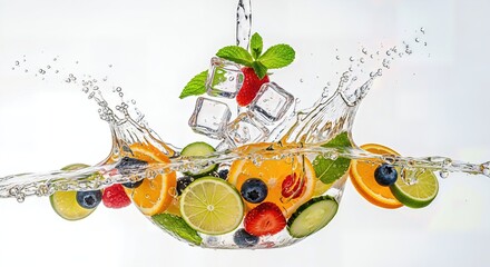 Dynamic water gushing over diverse juicy produce with ice, evoking an invigorating burst of freshness, natural energy, and pure wellness.