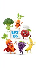 Fototapeta premium Friendly personified fruit and vegetable characters gather, a smiling carrot presents a clear 