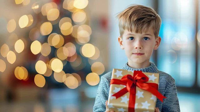 Happy little boy holding christmas present