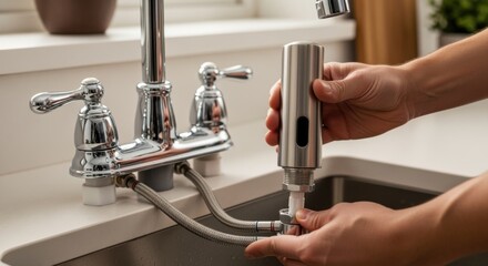 footage of a traditional kitchen faucet being replaced by a touchless retrofit model emphasizing ease of upgrade and modern water control.