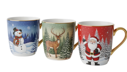 Set of three festive holiday mugs featuring snowman, reindeer, and santa claus isolated on transparent background