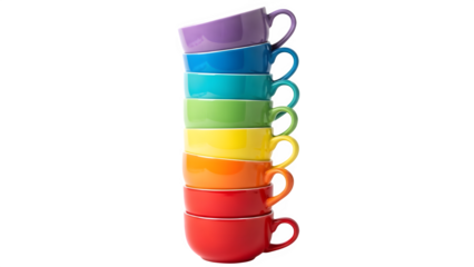 Stack of colorful mugs in rainbow order isolated on transparent background
