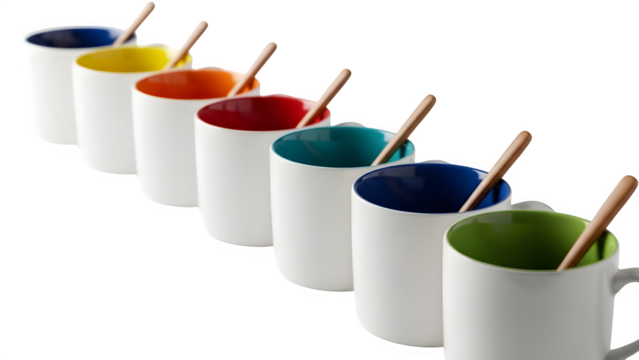 Row of colorful mugs with wooden stirrers isolated on transparent background - Powered by Adobe