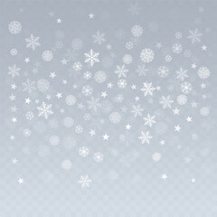 Christmas snow vector background. Falling snowflakes transparent decoration. New Year Holidays greeting card backdrop.